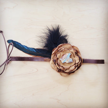 Leather Hat Band w/ Silk Flower & Feathers-Old Gold (Band Only) 952v