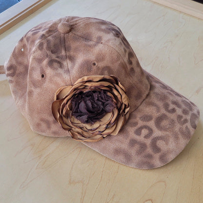 Hand-Painted Leopard Suede Baseball Cap w/ Flowers Tan 986L