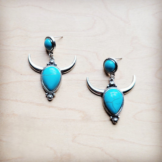 **Silver Bull Skull Dangle Earrings w/ Turquoise Accents 222jc