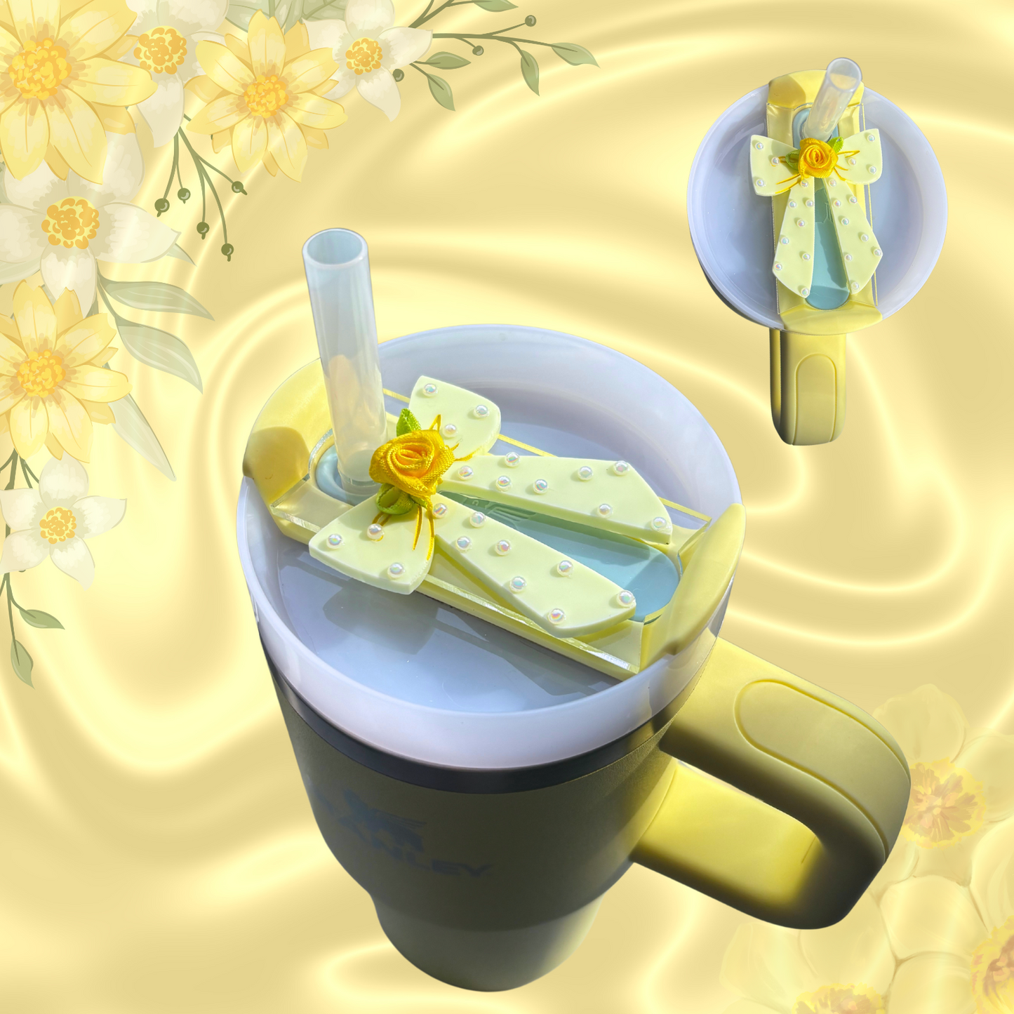 Coquette Pastel Yellow Pearl Bow Tumbler H2.0 Cup Topper 40oz | 30oz | 20 oz | Tumbler Cup Accessories