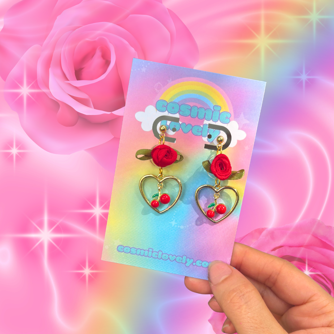Coquette Red Cherry Flower Mini Heart Earrings