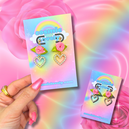 Neon Pink Flower Coquette Heart Earrings