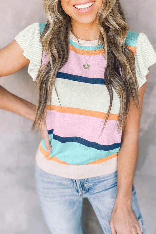 Multicolour Striped Colorblock Flutter Sleeve Knit
