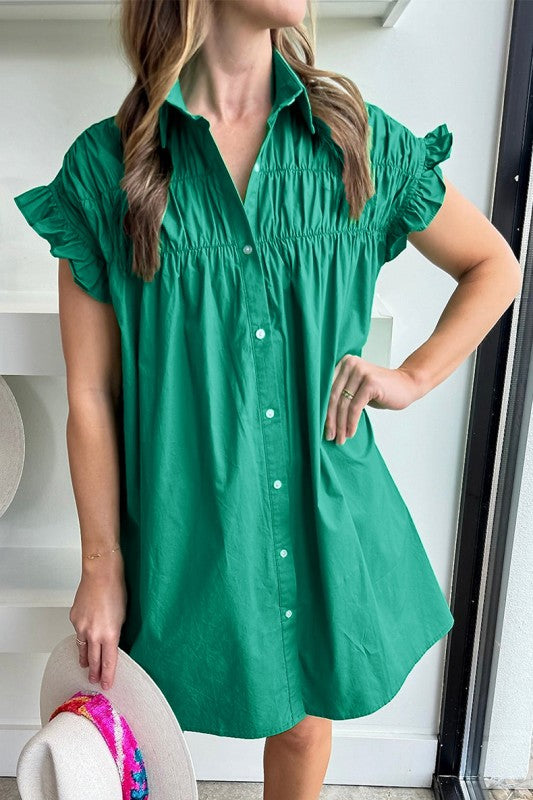 Green Shirred Ruffle Sleeve Button Up Short Dress