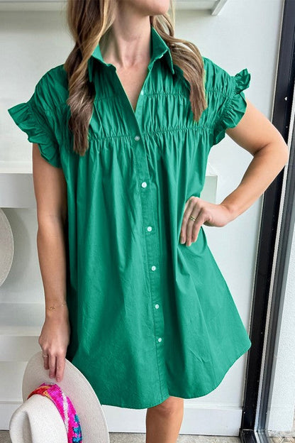 Green Shirred Ruffle Sleeve Button Up Short Dress