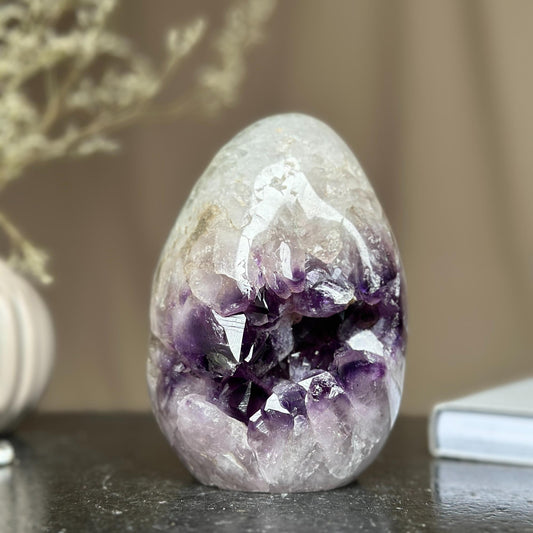 Genuine Amethyst Egg, Quartz Geode Cave, Crystal Cavern, Extra quality piece, Cut base polished specimen
