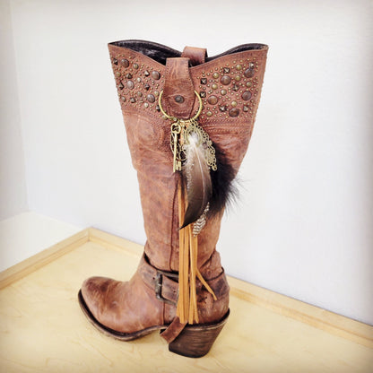 Boho Western Leather Boot Bling Charm Feather & Tree 500k