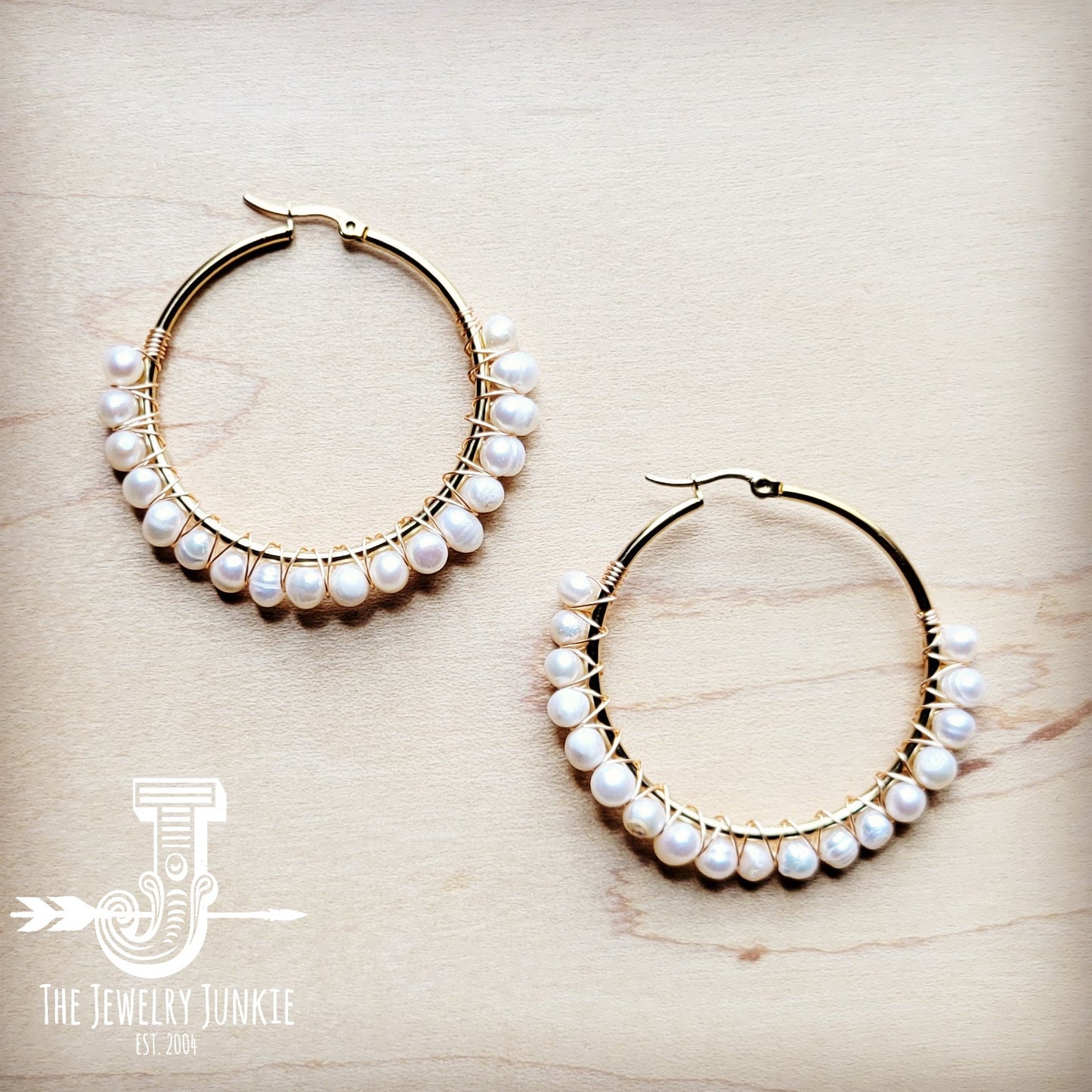 **Wire Wrapped Freshwater Pearl Beaded Hoop Earrings 221b