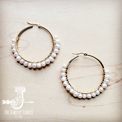 **Wire Wrapped Freshwater Pearl Beaded Hoop Earrings 221b