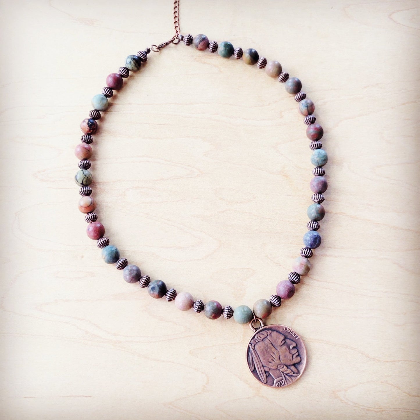 Genuine Picasso Jasper Collar Necklace w/ Indian Head Pendant 261h