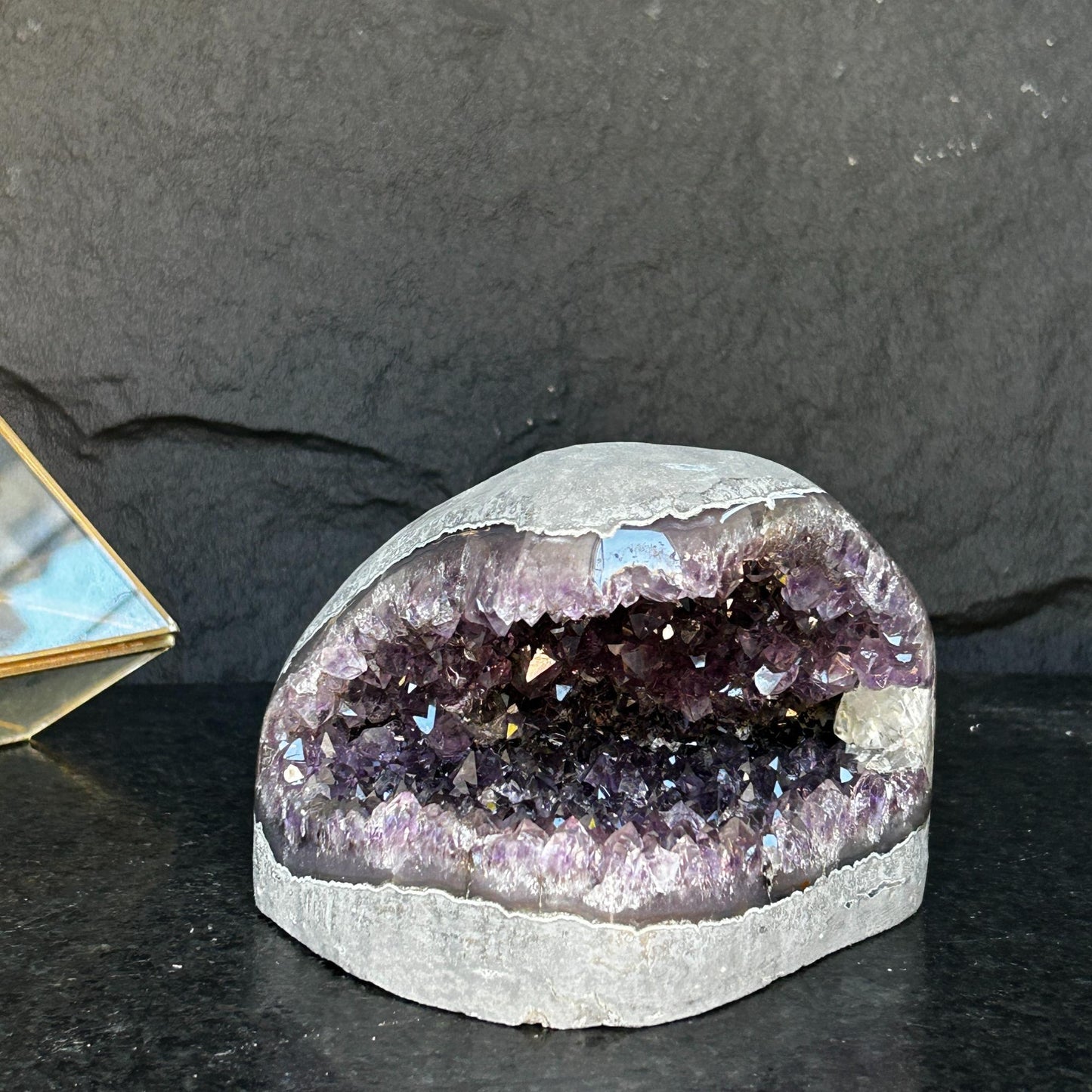 Flat Natural amethyst centerpiece, Unique geode for tabletop decor, rare find with agate formations