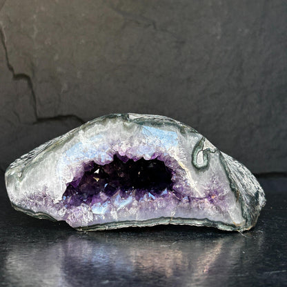 The largest Amethyst Geode Centerpiece, Extra Large decor piece, Outstanding Purple crystal with green agate details