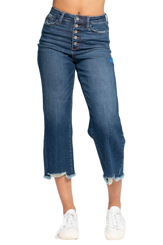 JB Button Fly Crop Raw Edge Denim