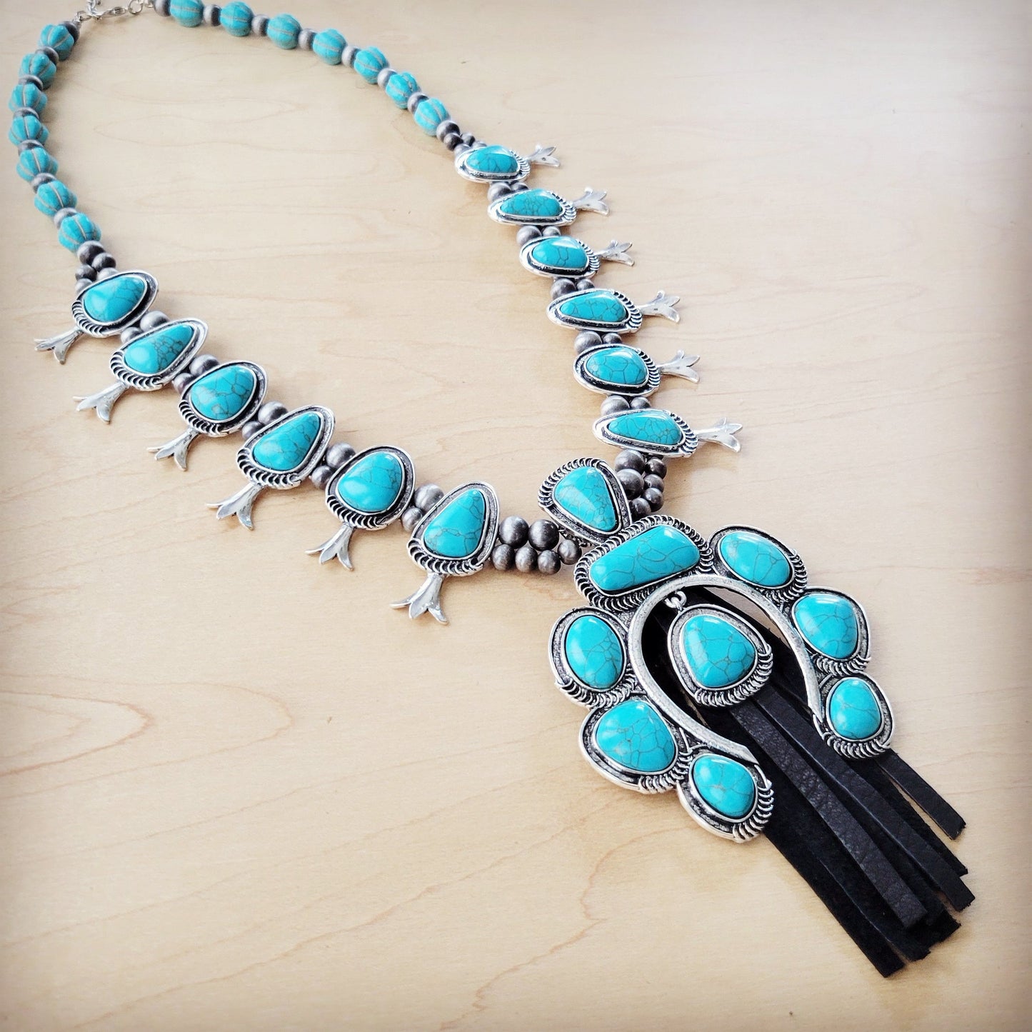Turquoise Squash Blossom Necklace w/ Short Black Tassel 261y