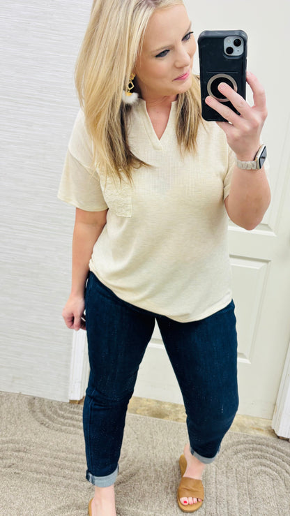 Oatmeal Lace Pocket Blouse