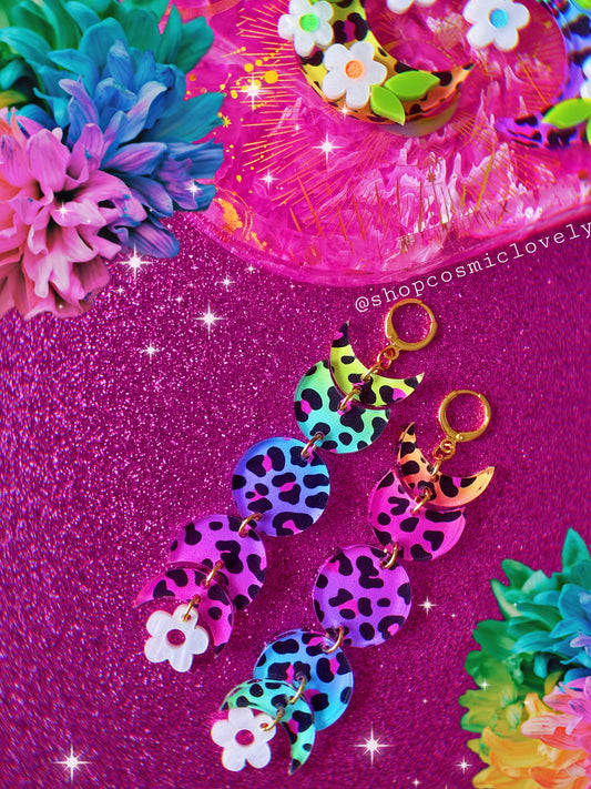 Rainbow Leopard Moon phase Earrings