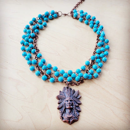 Blue Turquoise Beaded Collar Necklace w/ Indian Pendant 260w