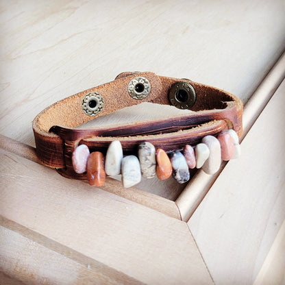 Genuine Leather Narrow Cuff with Aqua Terra Stones 005f