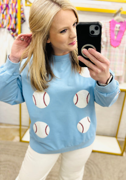 Denim Sequin Baseball Patches Pullover