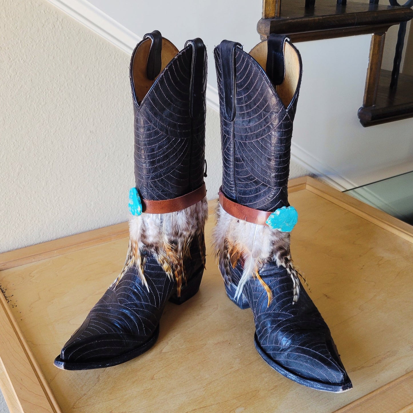 Boho Western Boot Wrap Cuff w/ Feathers & Turquoise 500f