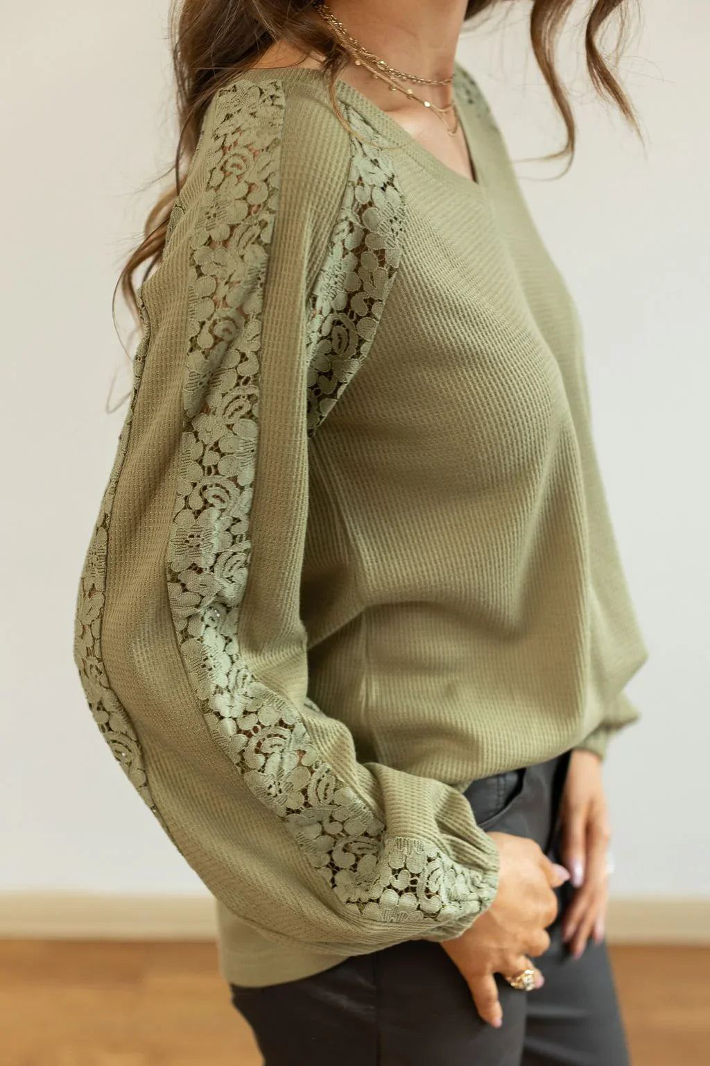 Green Waffle Knit Blouse
