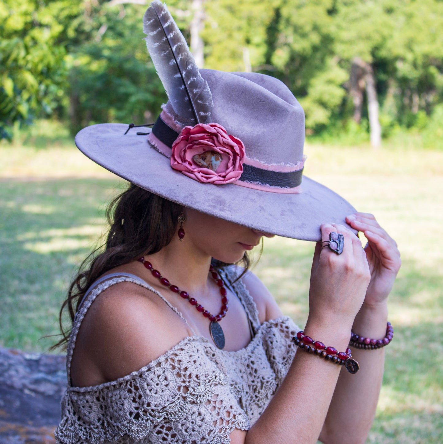Leather Hat Band w/ Silk Flower & Feathers-Rose (Band Only) 952w