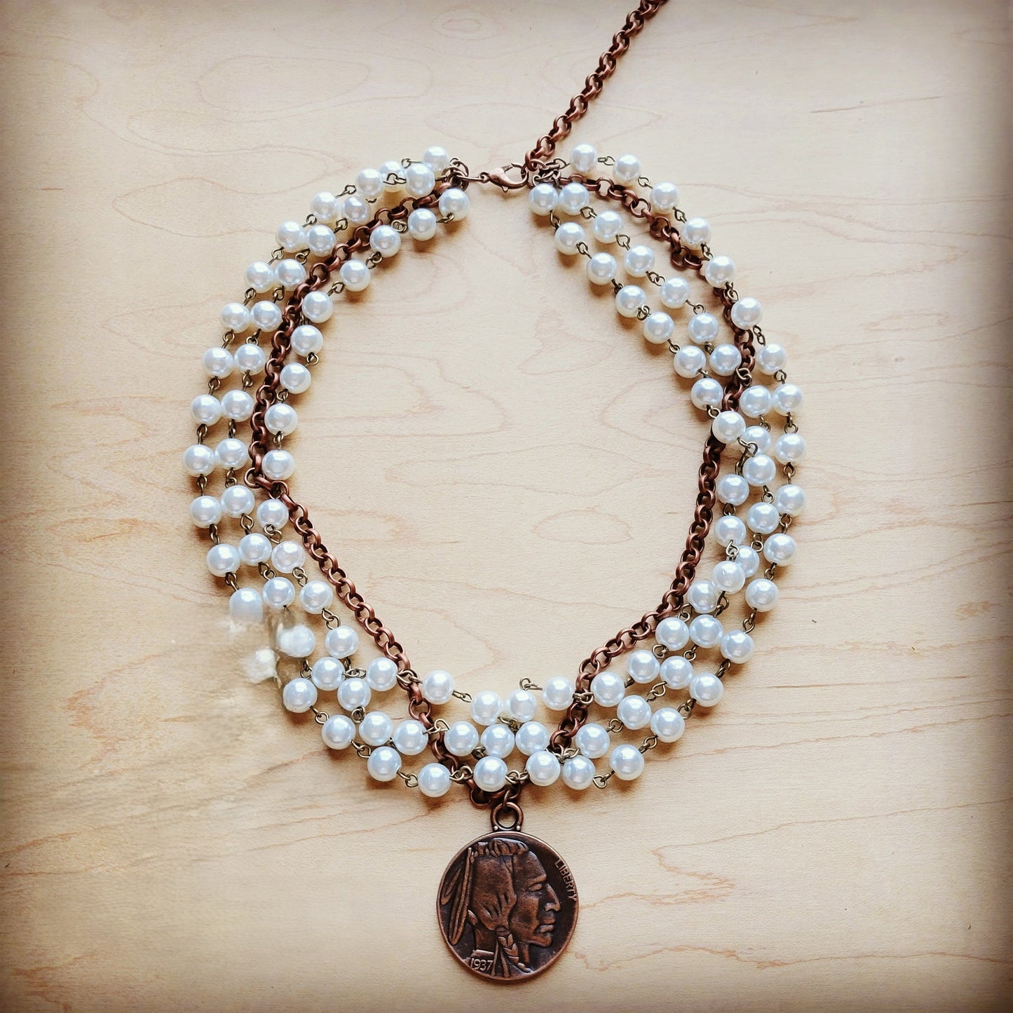 Pearl and Copper Collar-Length Necklace with Indian Coin 255w