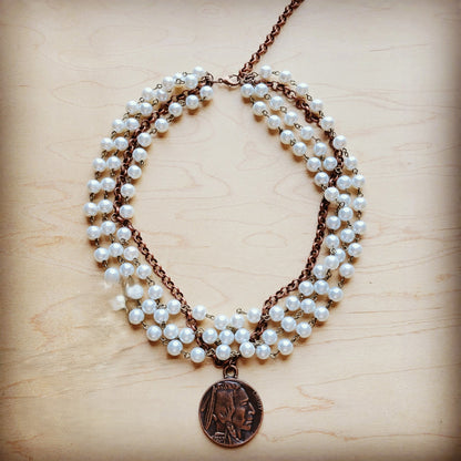 Pearl and Copper Collar-Length Necklace with Indian Coin 255w