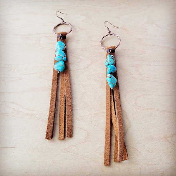 Leather Fringe Earrings with Turquoise Chunks Tan 223f