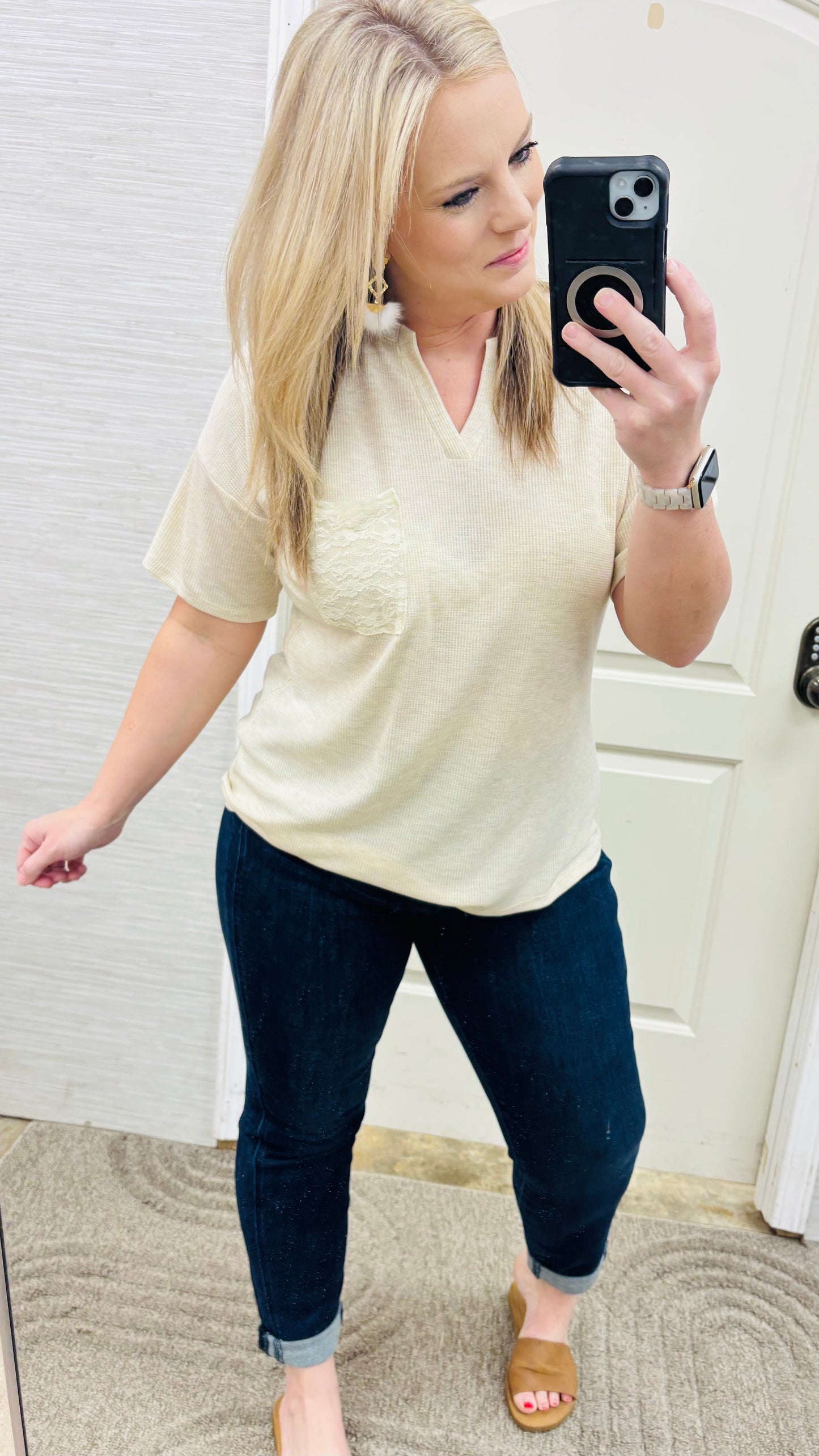 Oatmeal Lace Pocket Blouse