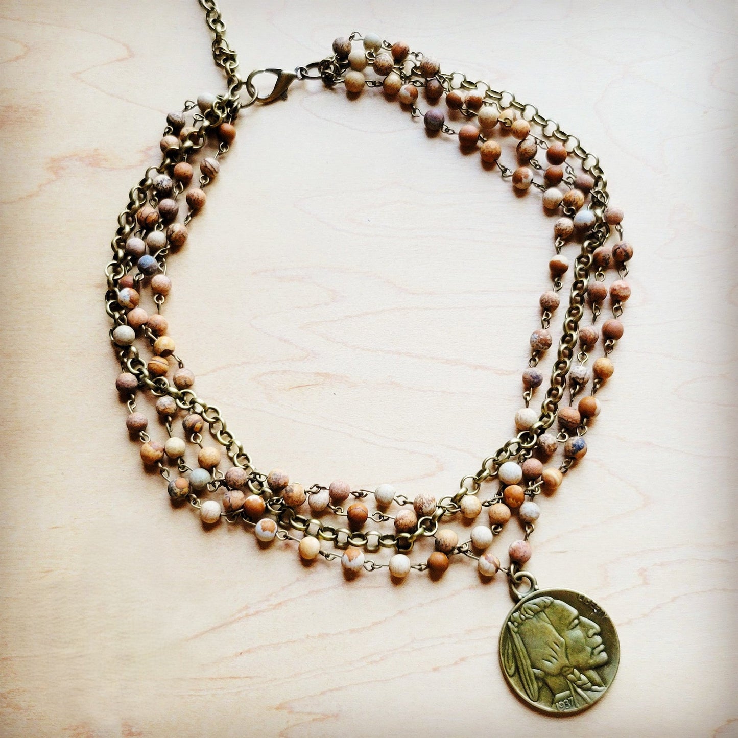 Picture Jasper Collar Necklace w/ Indian Buffalo Coin 259b