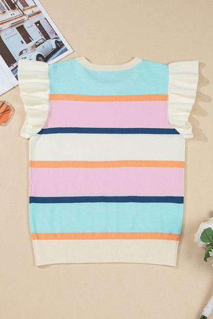 Multicolour Striped Colorblock Flutter Sleeve Knit