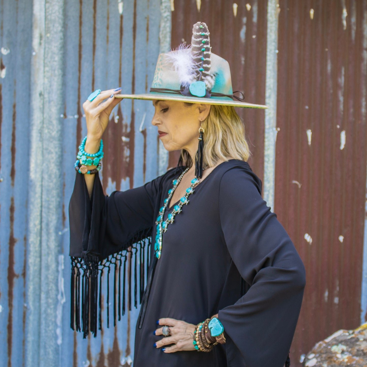 Black Leather Fringe Earrings with Silver Bead Accent-Black 200c