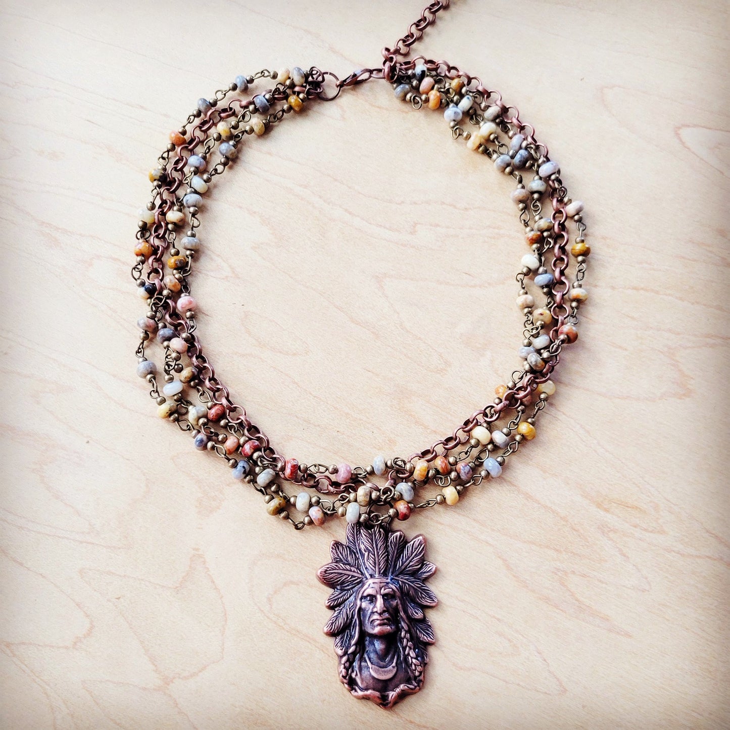 Natural Agate Beaded Collar Necklace w/ Indian Pendant 260v