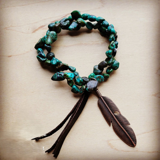 Double Strand Natural Turquoise Bracelet w/ Feather and Tassel 806n