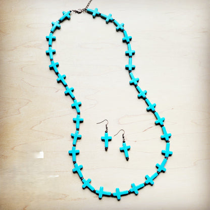 Blue Turquoise & Wood Beaded Cross Necklace 258n