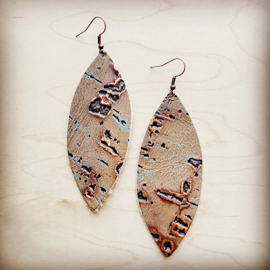 **Narrow Leather Oval Earrings-Driftwood Tarnished Copper 210e