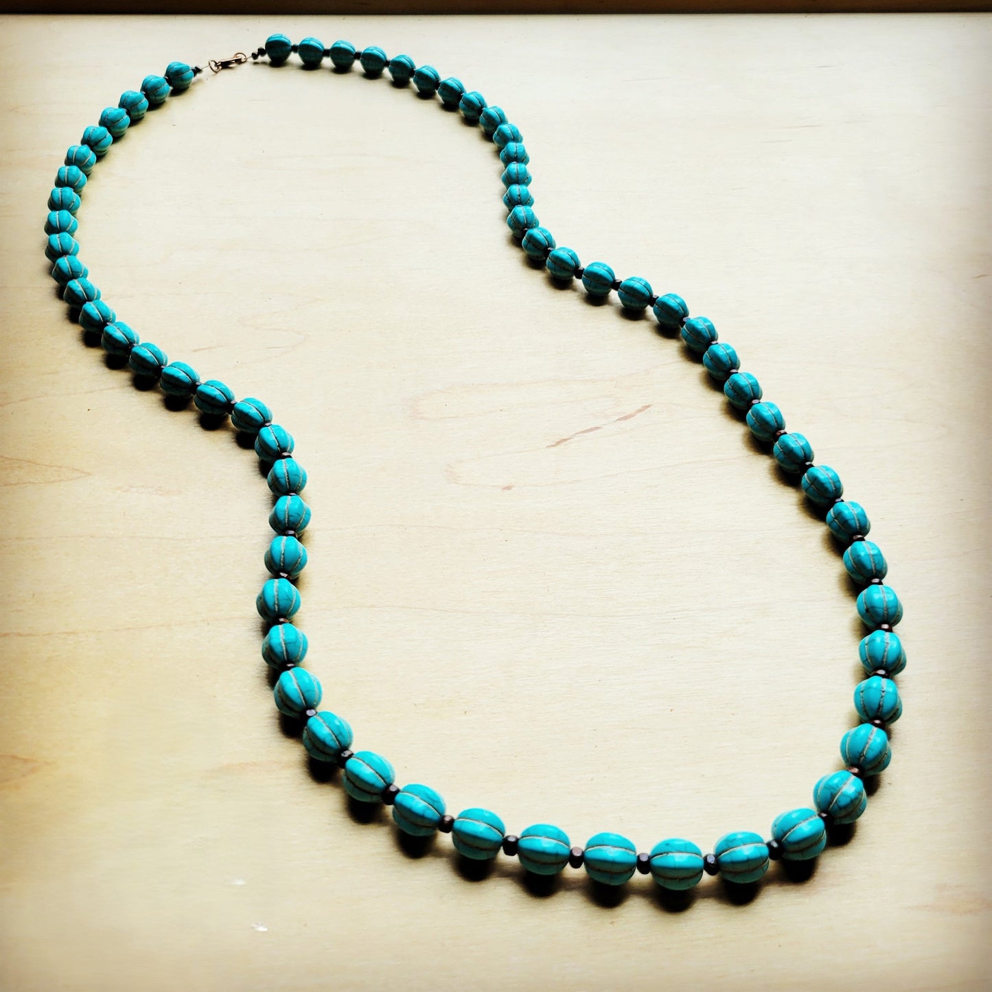 **Blue Turquoise & Wood Melon Beaded Necklace 258q