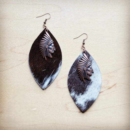 **Black & White Leather Hide Earrings w/ Indian 220j