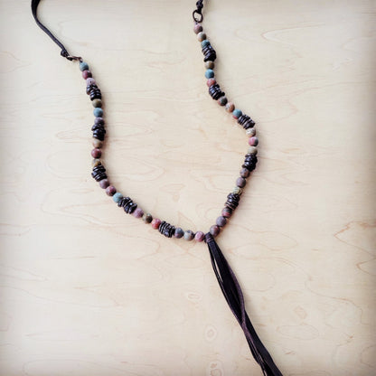 Picasso Jasper Necklace with Wood Beads and Leather Tassel 261i