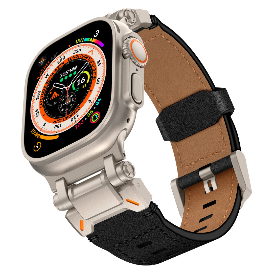 Leather Tactical Band for Apple Watch Ultra – 26mm Wide, Mecha-Style Connectors, Adventure-Ready