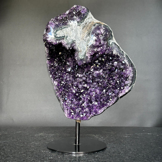 Deep Purple Amethyst Crystal Decor piece with metallic base included (13 in tall) Rare crystal for home decoration