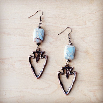 Copper Arrow Earrings w/ Genuine Aqua Terra Beads 225p