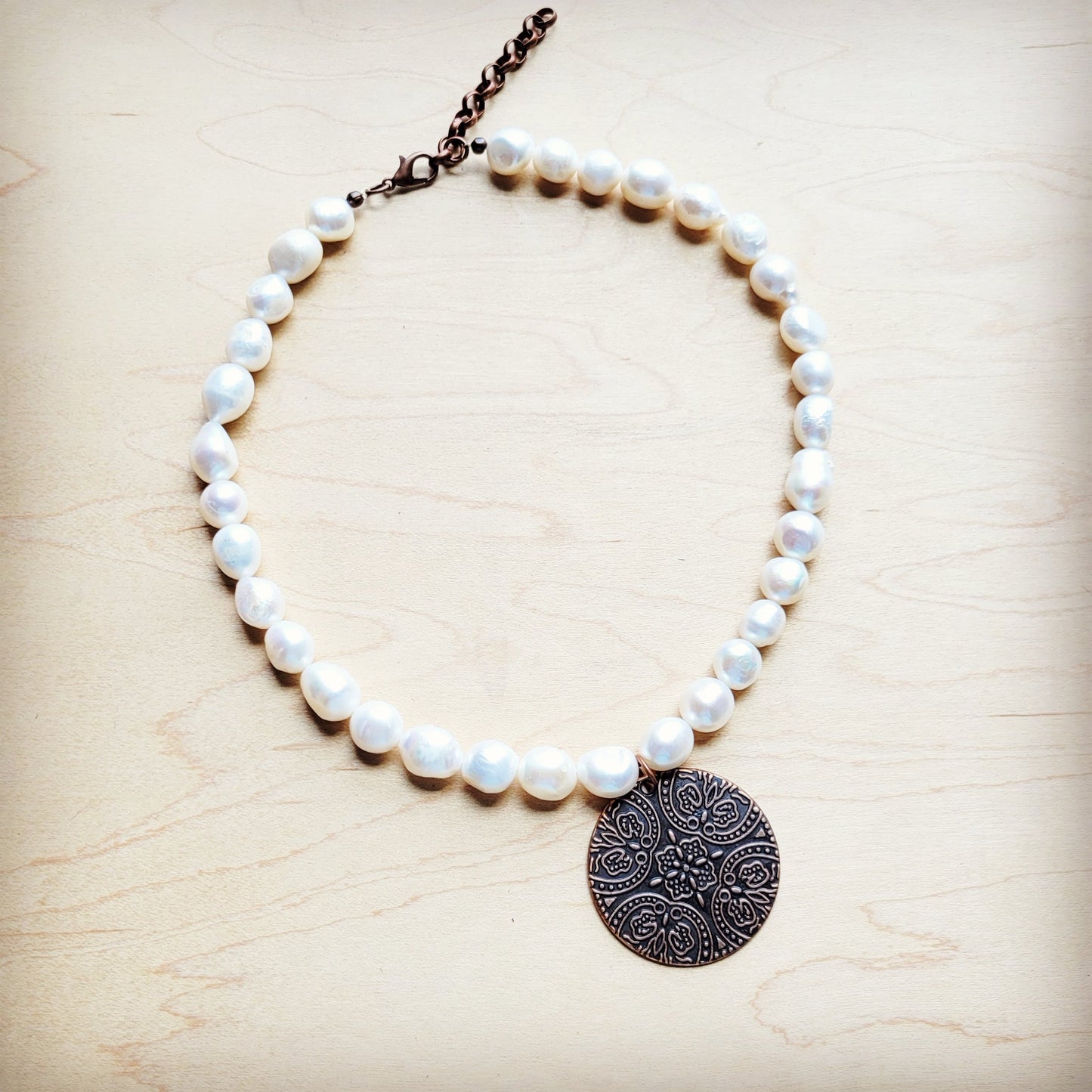 Freshwater Pearl Collar Necklace w/ Copper Scroll Pendant 260a