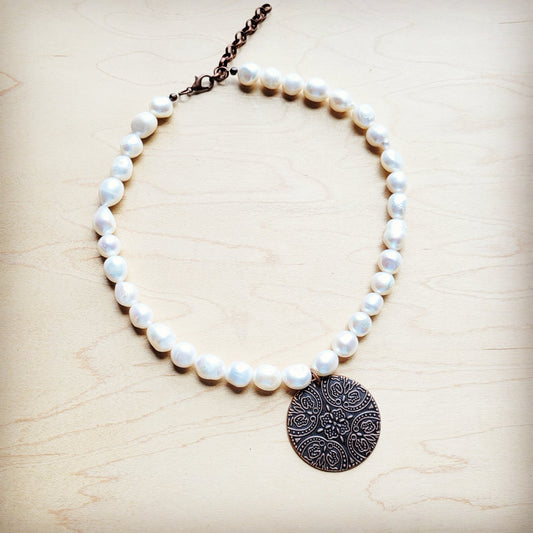 Freshwater Pearl Collar Necklace w/ Copper Scroll Pendant 260a