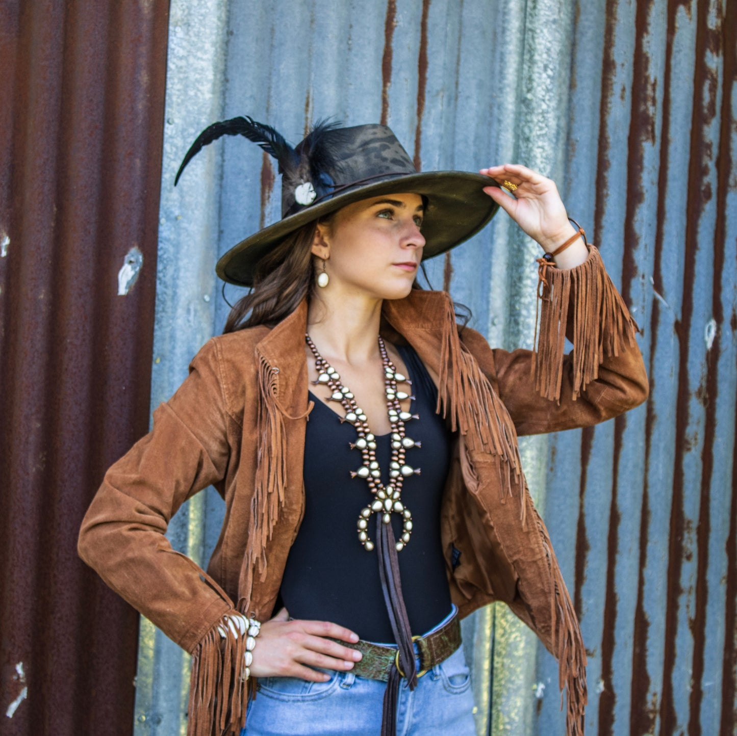 White Turquoise Squash Blossom Necklace w/ Dark Brown Tassel 261z