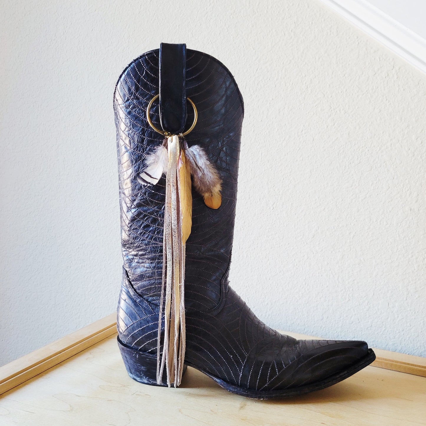 Boho Western Boot Bling Charm with Leather Fringe 500b