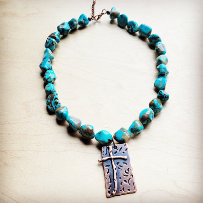 Blue Turquoise Collar Necklace w/ Copper Cross Pendant 259x