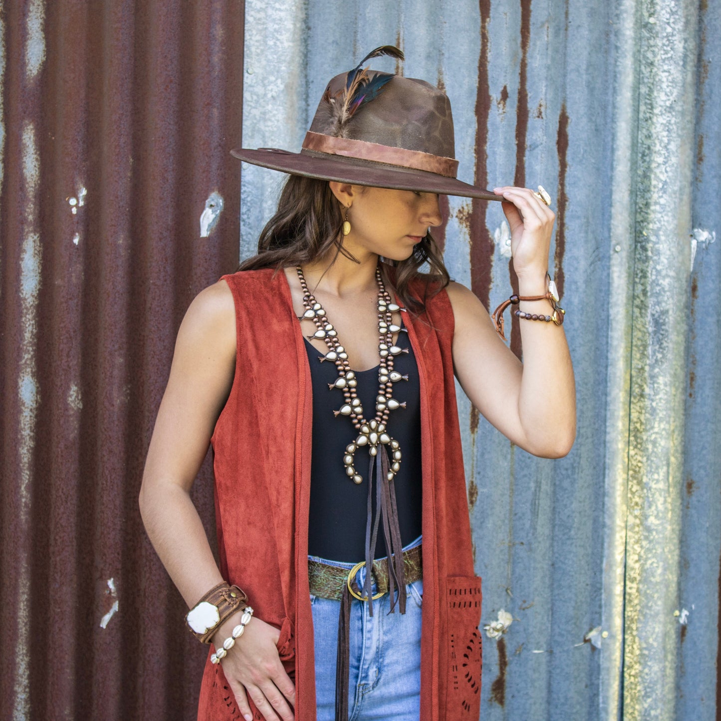 White Turquoise Squash Blossom Necklace w/ Dark Brown Tassel 261z