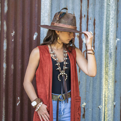 White Turquoise Squash Blossom Necklace w/ Dark Brown Tassel 261z